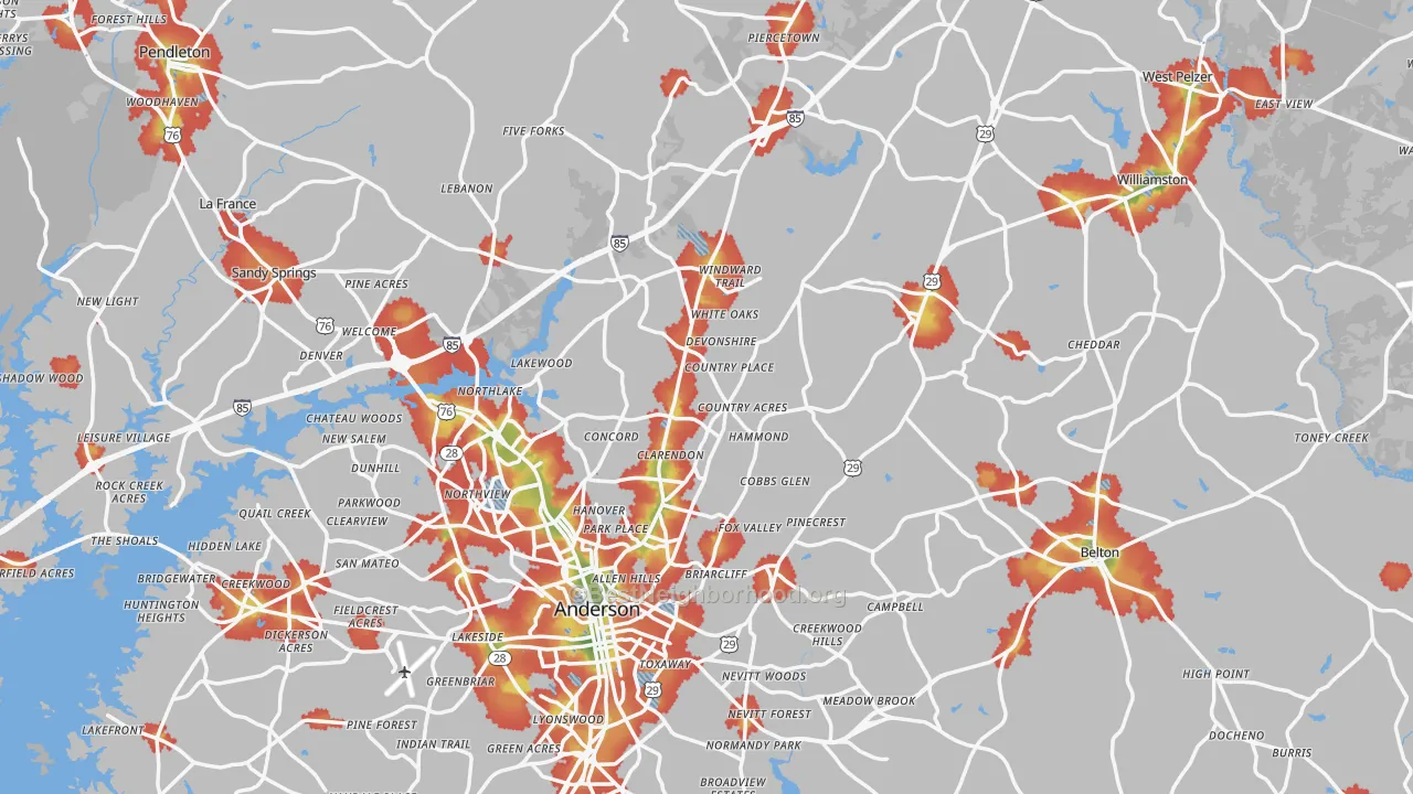 Walk Grade map of Anderson County, SC, walkable areas in green and car-dependent areas in red