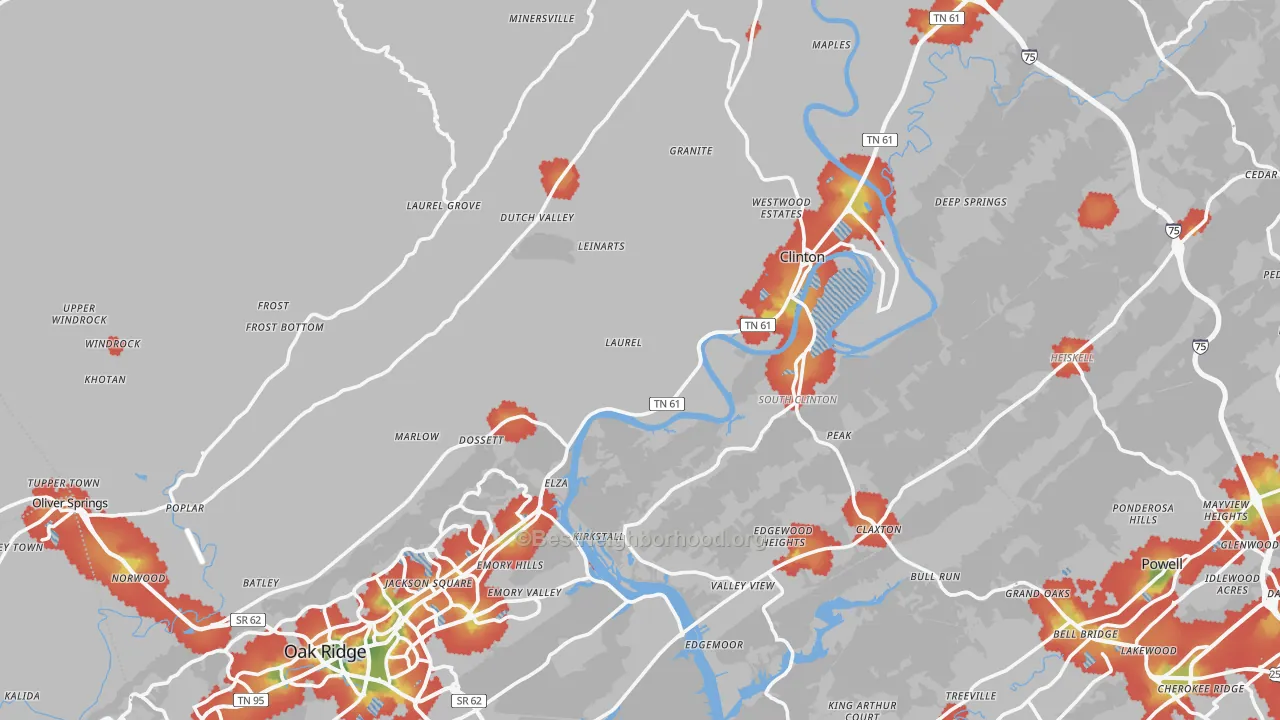 Walk Grade map of Anderson County, TN, walkable areas in green and car-dependent areas in red