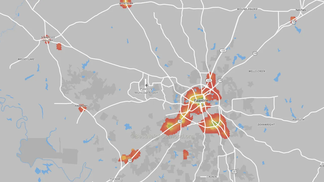 Walk Grade map of Anderson County, TX, walkable areas in green and car-dependent areas in red