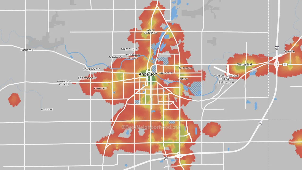 Walk Grade map of Anderson, IN, walkable areas in green and car-dependent areas in red