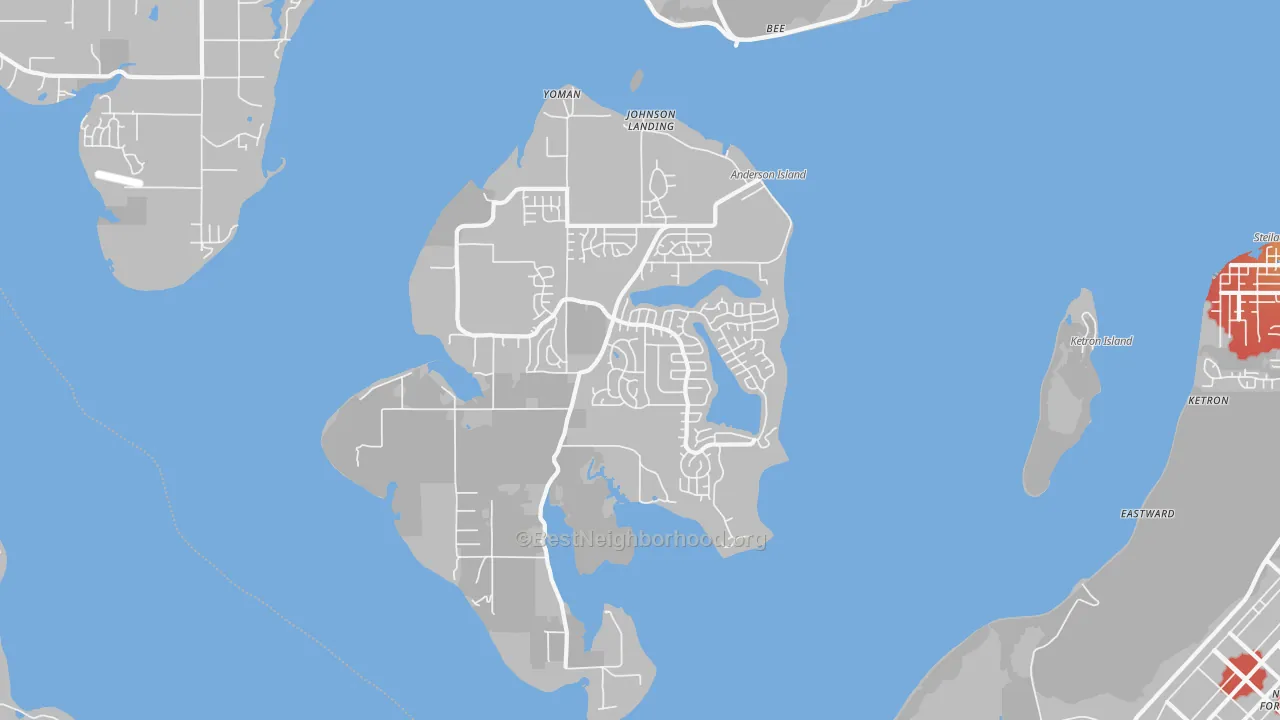 Walk Grade map of Anderson Island, WA, walkable areas in green and car-dependent areas in red