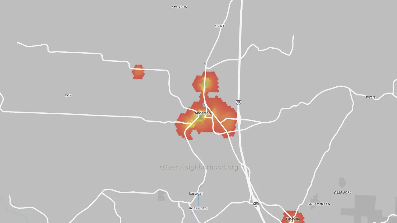 Walk Grade map of Anderson, MO, walkable areas in green and car-dependent areas in red