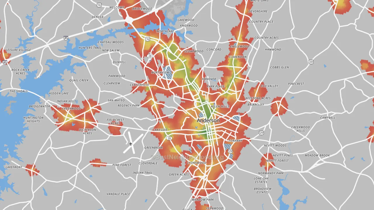 Walk Grade map of Anderson, SC, walkable areas in green and car-dependent areas in red