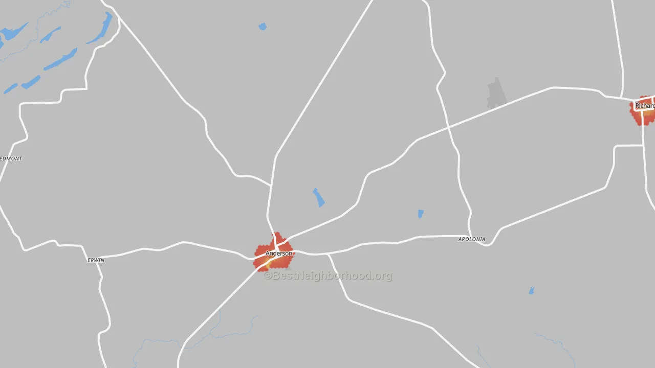 Walk Grade map of Anderson, TX, walkable areas in green and car-dependent areas in red