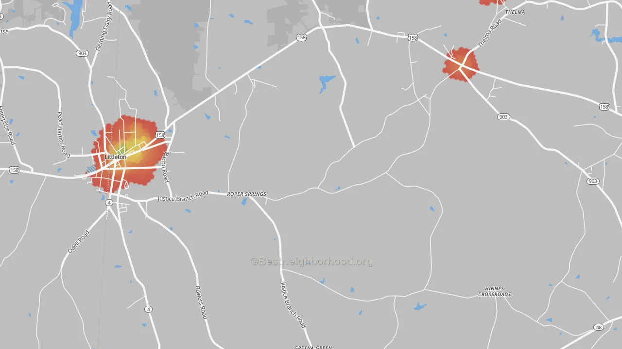 Walk Grade map of Andersons Crossroads, NC, walkable areas in green and car-dependent areas in red