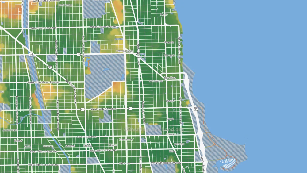 Walk Grade map of Andersonville, Chicago, IL, walkable areas in green and car-dependent areas in red