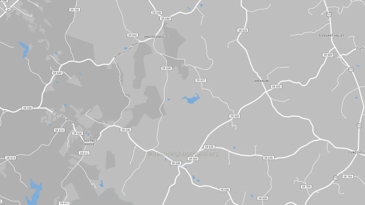 Walk Grade map of Andersonville, VA, walkable areas in green and car-dependent areas in red