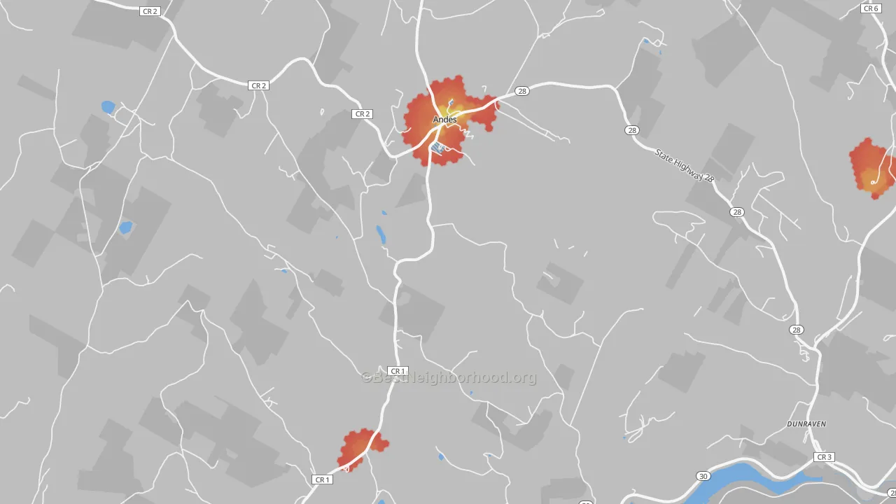 Walk Grade map of Andes, NY, walkable areas in green and car-dependent areas in red