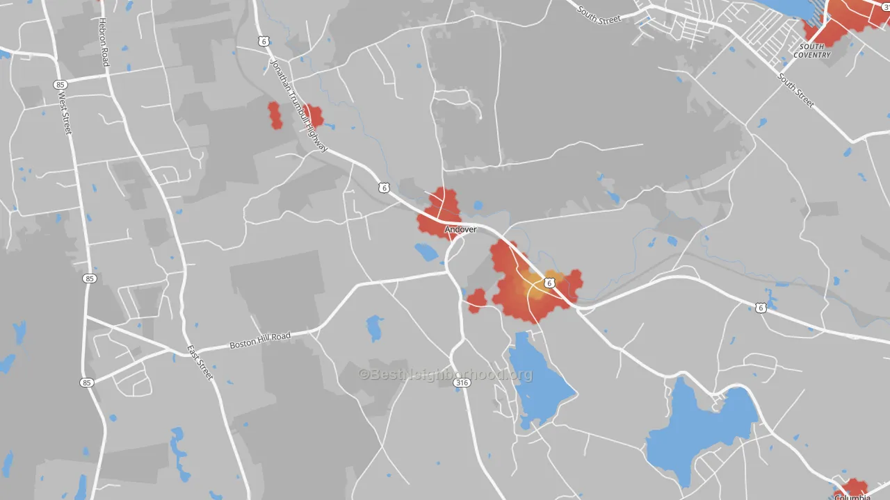 Walk Grade map of Andover, CT, walkable areas in green and car-dependent areas in red