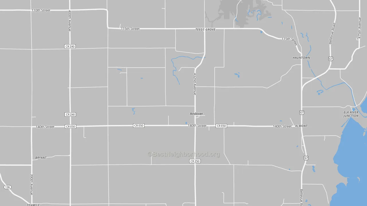 Walk Grade map of Andover, IA, walkable areas in green and car-dependent areas in red