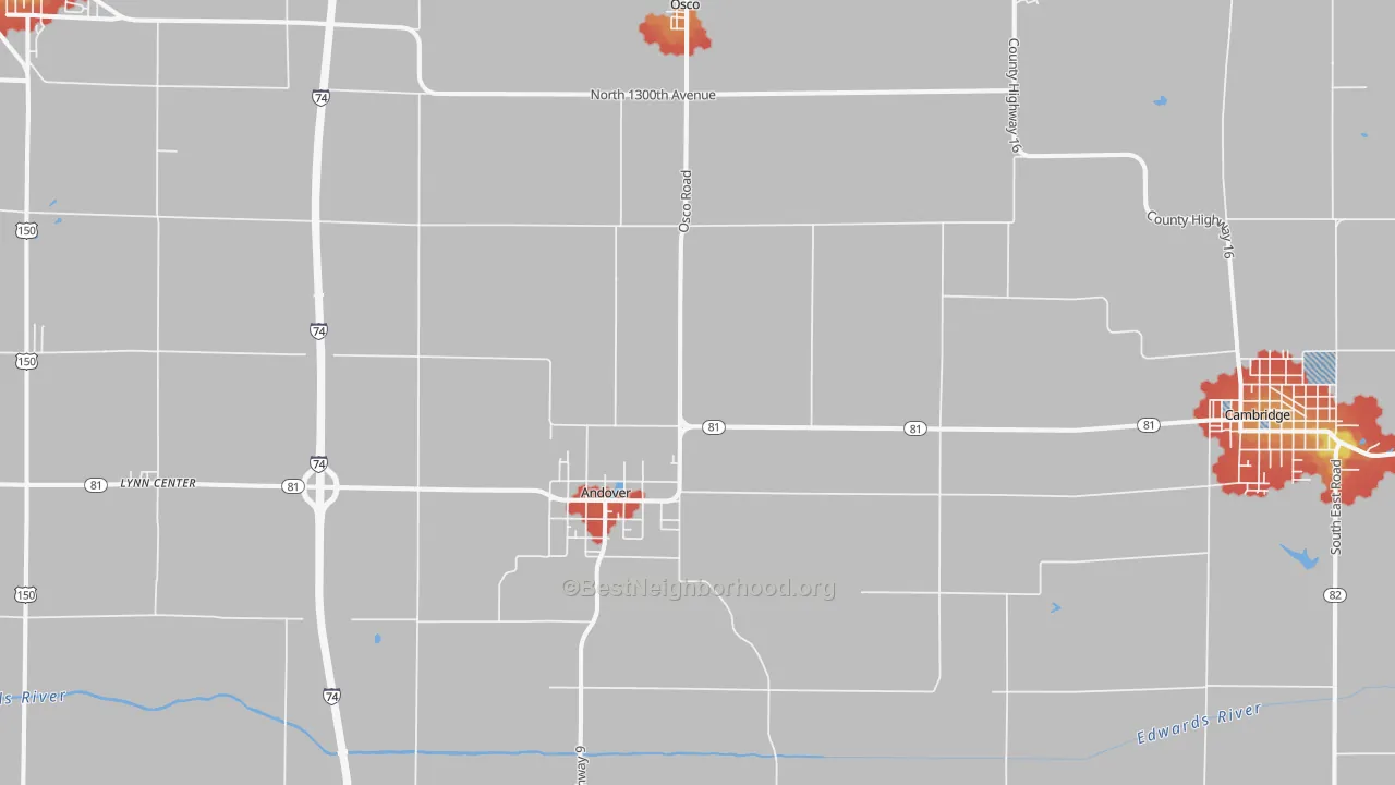 Walk Grade map of Andover, IL, walkable areas in green and car-dependent areas in red