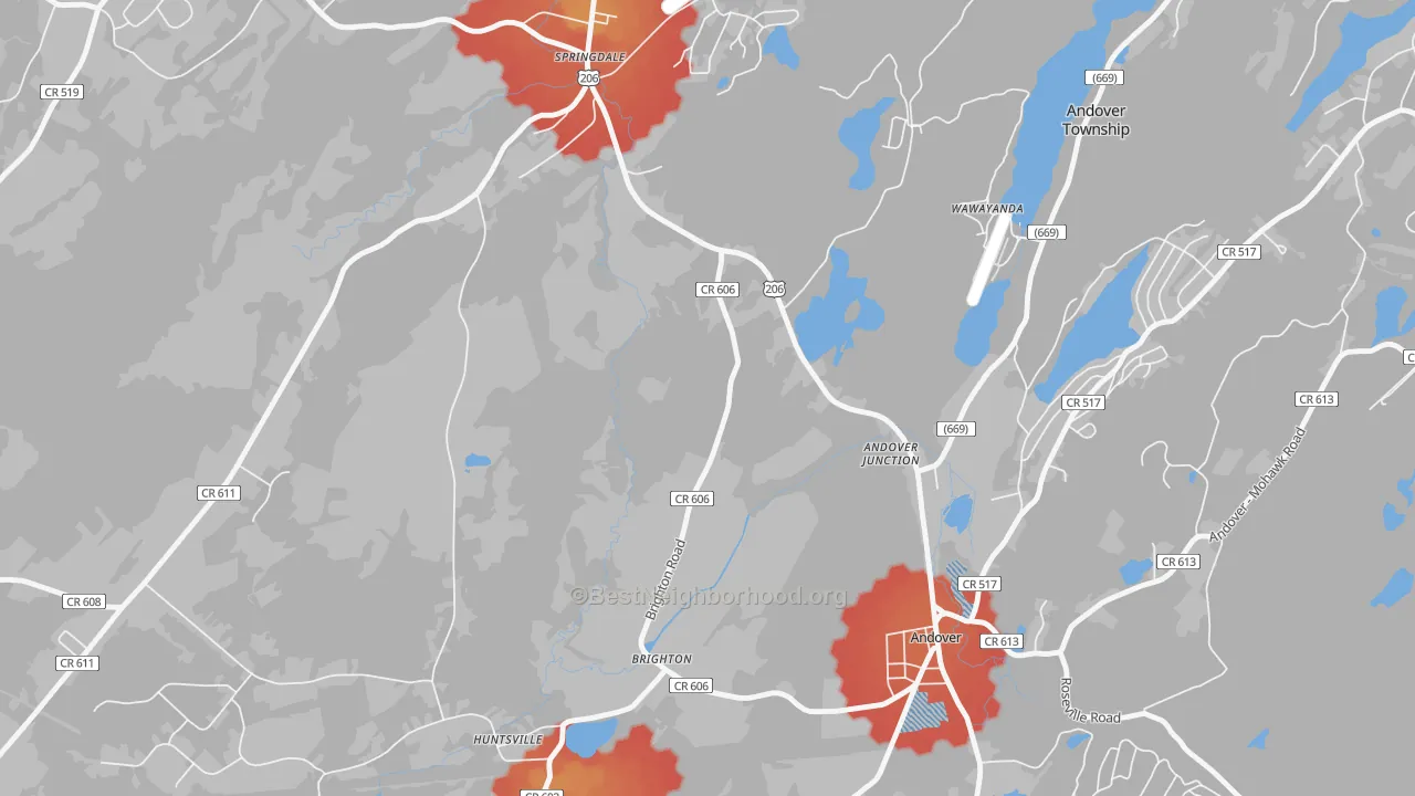 Walk Grade map of Andover Junction, NJ, walkable areas in green and car-dependent areas in red