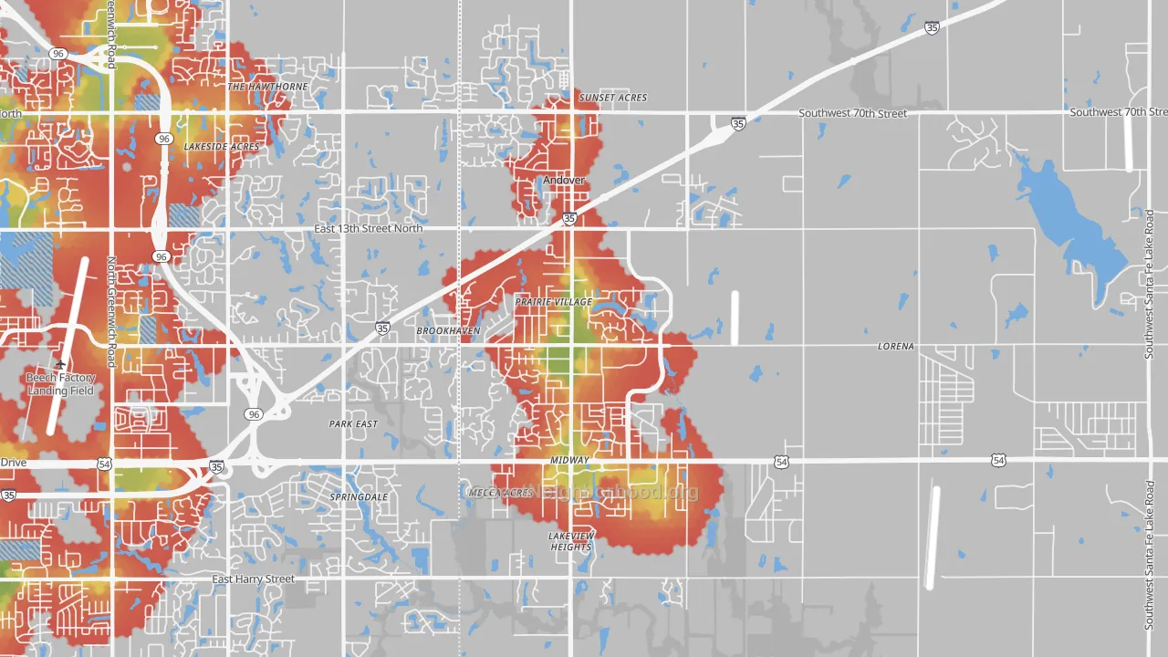 Walk Grade map of Andover, KS, walkable areas in green and car-dependent areas in red