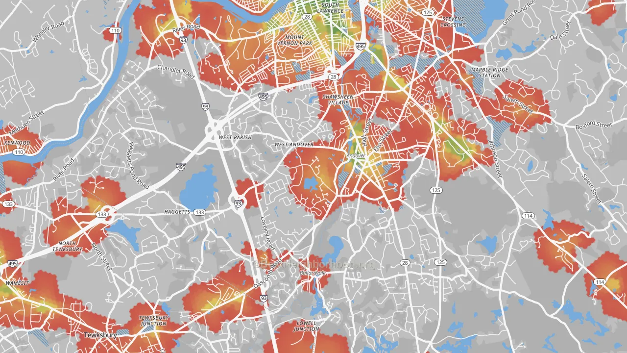 Walk Grade map of Andover, MA, walkable areas in green and car-dependent areas in red