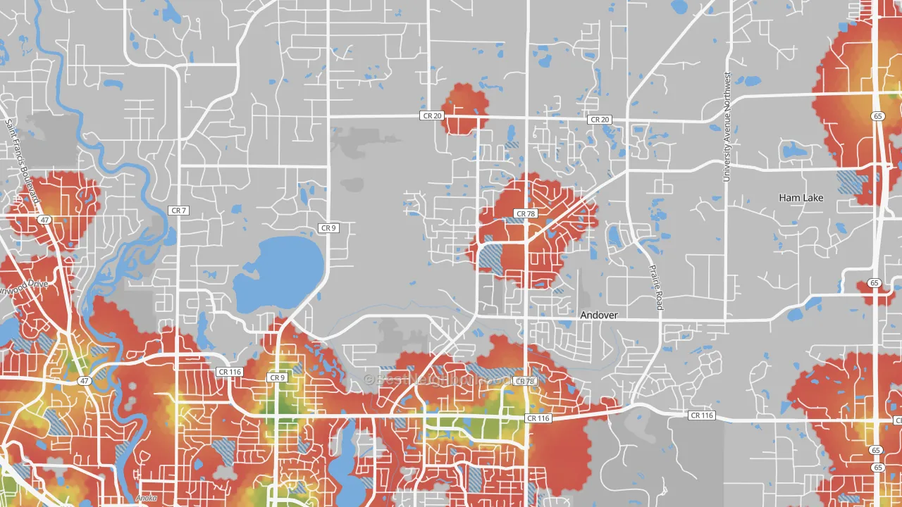 Walk Grade map of Andover, MN, walkable areas in green and car-dependent areas in red