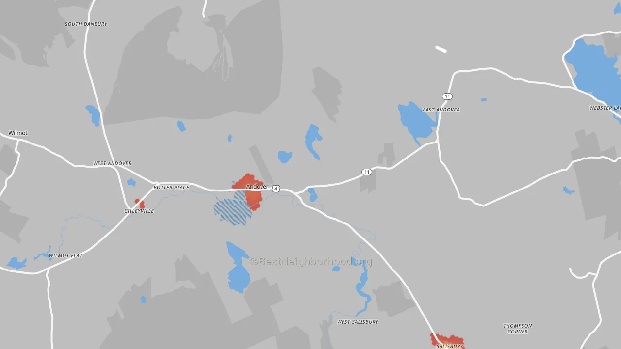 Walk Grade map of Andover, NH, walkable areas in green and car-dependent areas in red