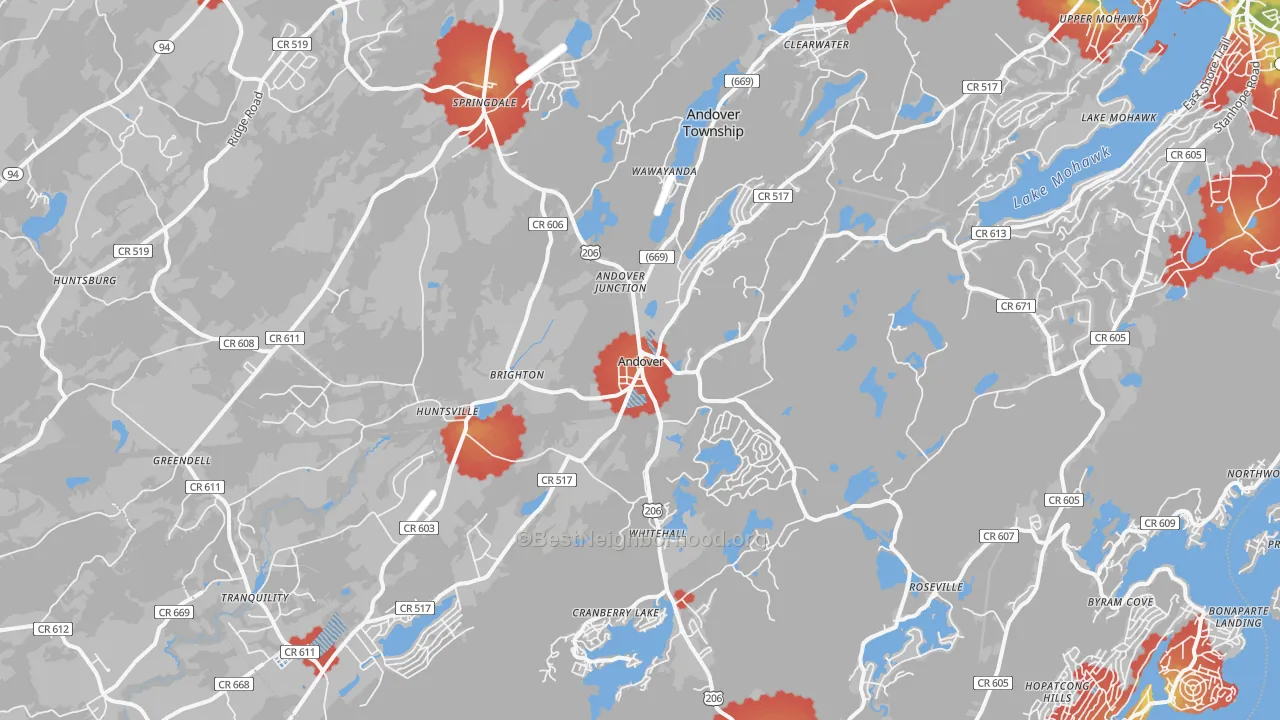 Walk Grade map of Andover, NJ, walkable areas in green and car-dependent areas in red