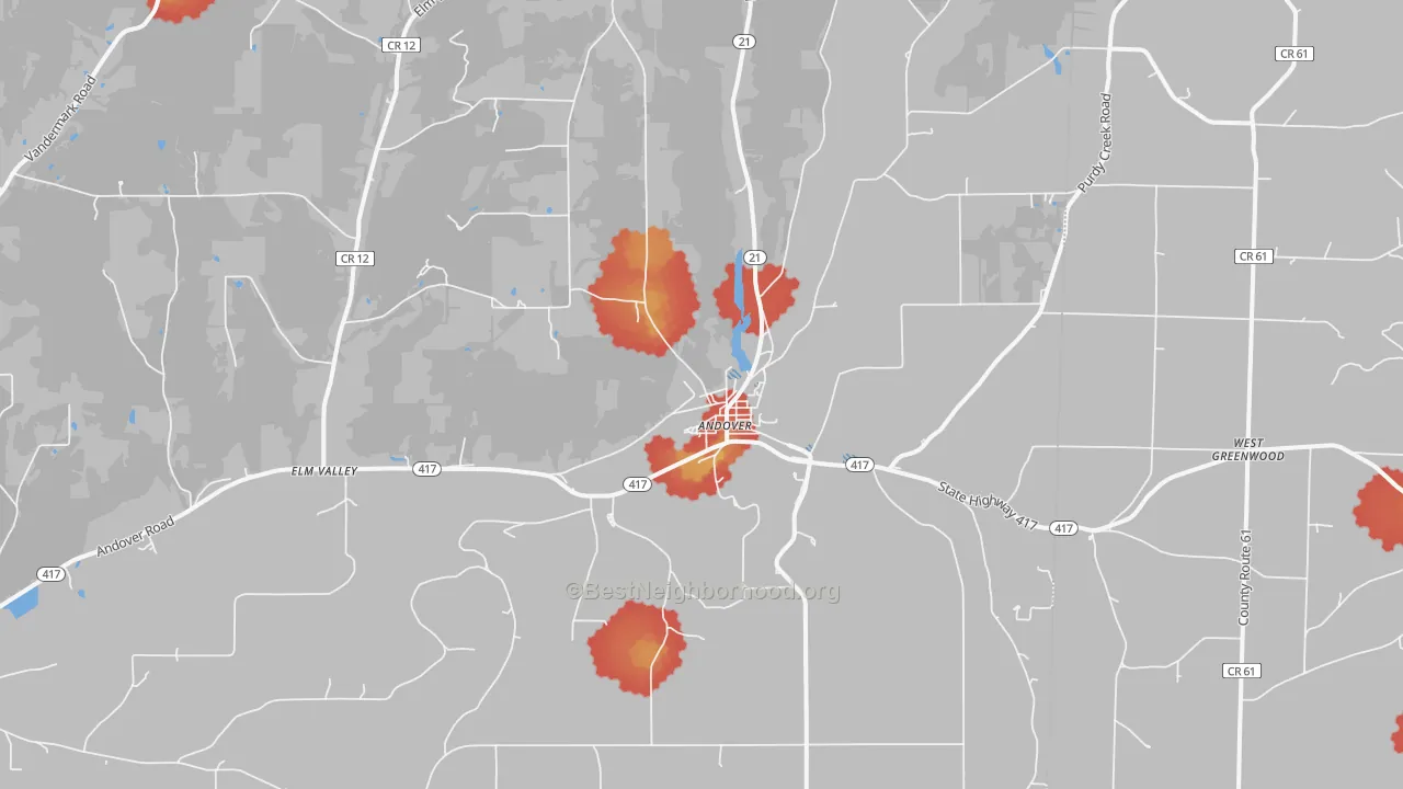 Walk Grade map of Andover, NY, walkable areas in green and car-dependent areas in red