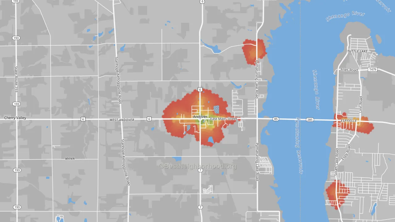 Walk Grade map of Andover, OH, walkable areas in green and car-dependent areas in red