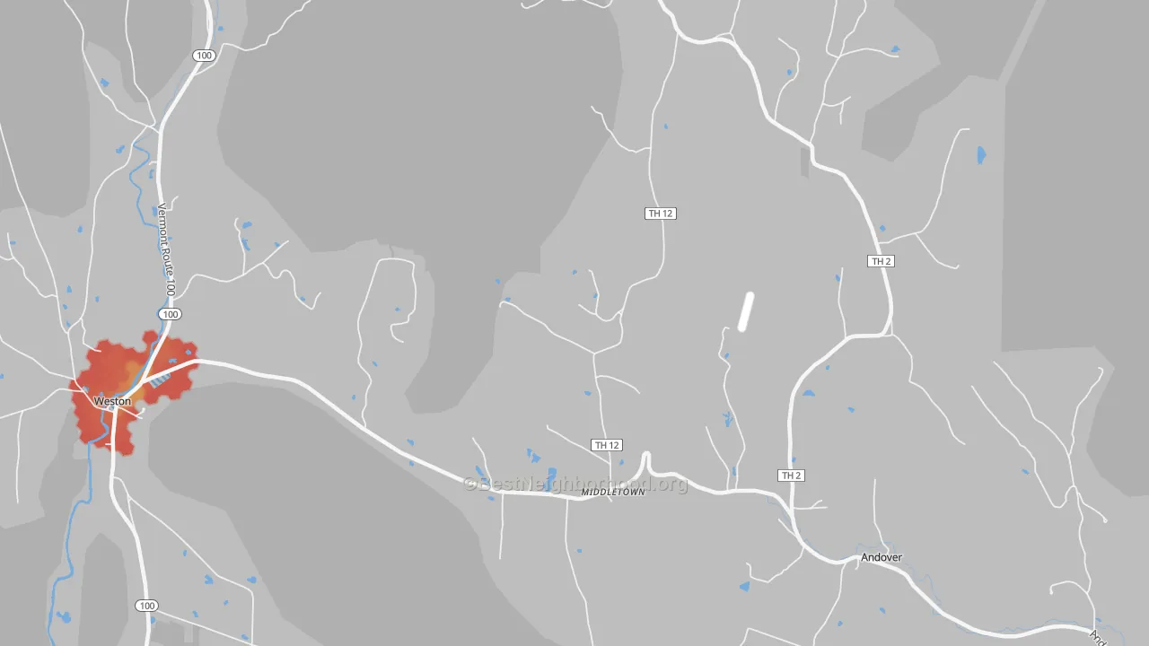 Walk Grade map of Andover, VT, walkable areas in green and car-dependent areas in red