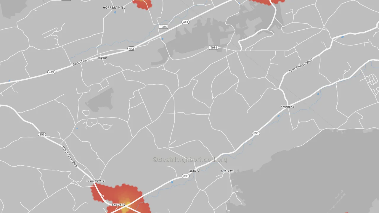 Walk Grade map of Andreas, PA, walkable areas in green and car-dependent areas in red