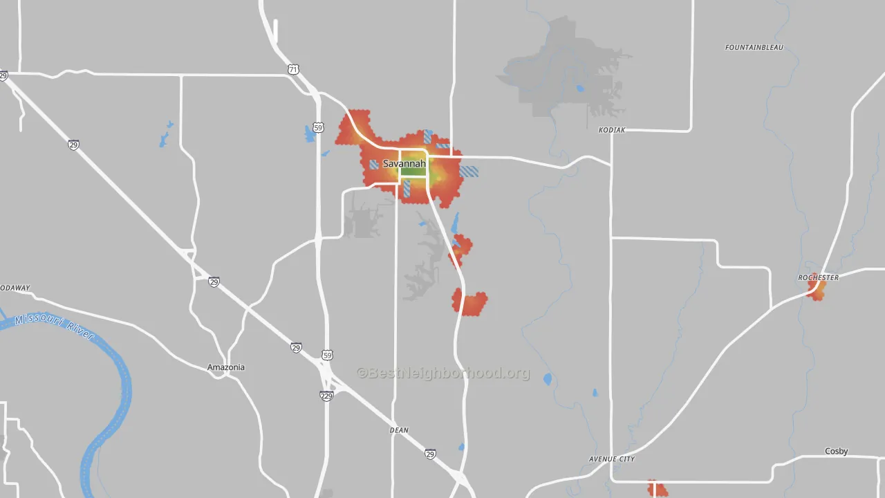 Walk Grade map of Andrew County, MO, walkable areas in green and car-dependent areas in red