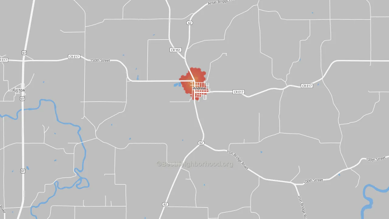 Walk Grade map of Andrew, IA, walkable areas in green and car-dependent areas in red