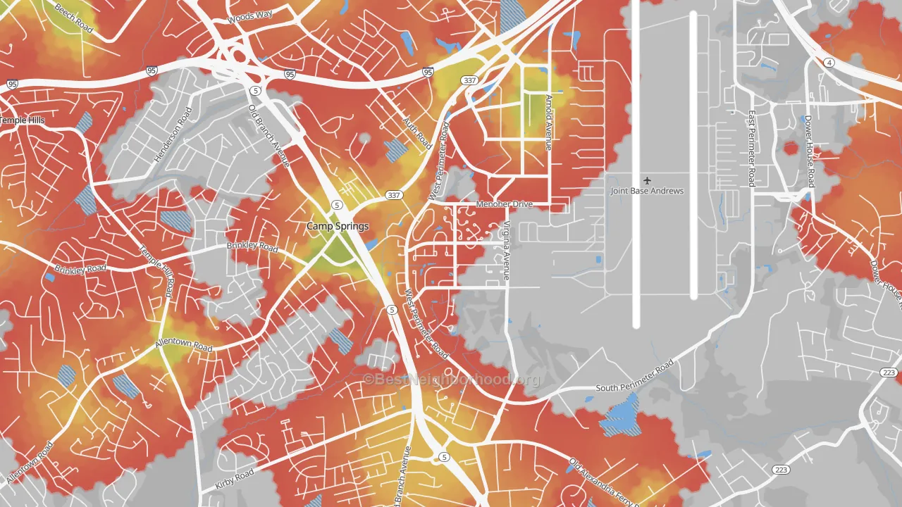 Walk Grade map of Andrews AFB, MD, walkable areas in green and car-dependent areas in red