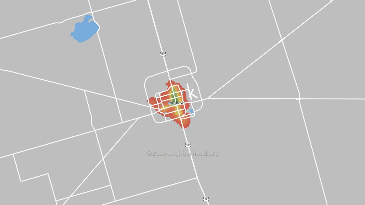 Walk Grade map of Andrews County, TX, walkable areas in green and car-dependent areas in red