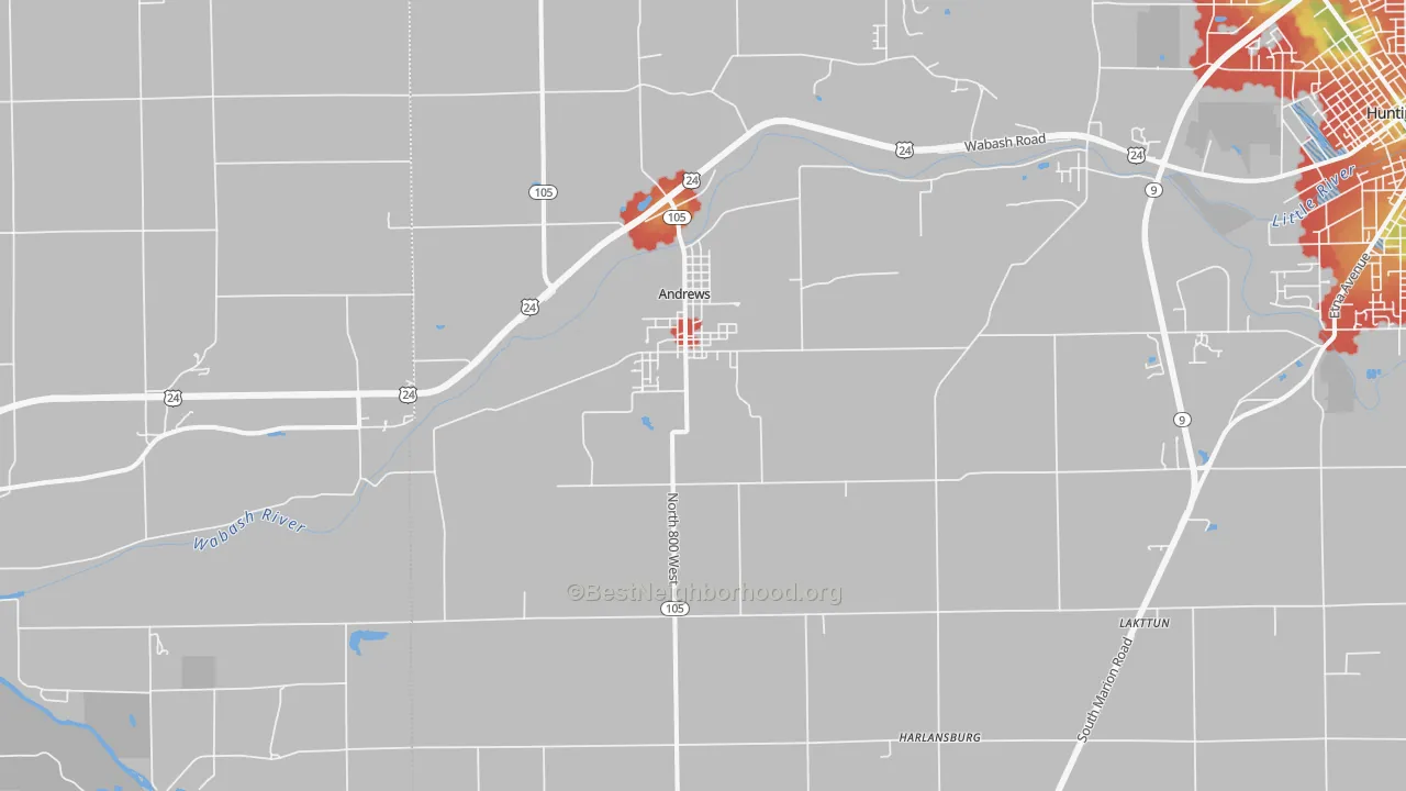 Walk Grade map of Andrews, IN, walkable areas in green and car-dependent areas in red