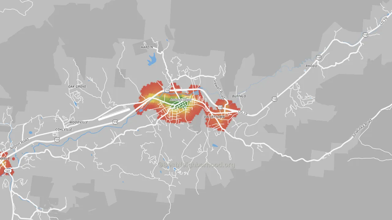 Walk Grade map of Andrews, NC, walkable areas in green and car-dependent areas in red