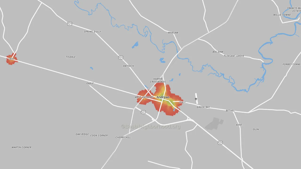 Walk Grade map of Andrews, SC, walkable areas in green and car-dependent areas in red