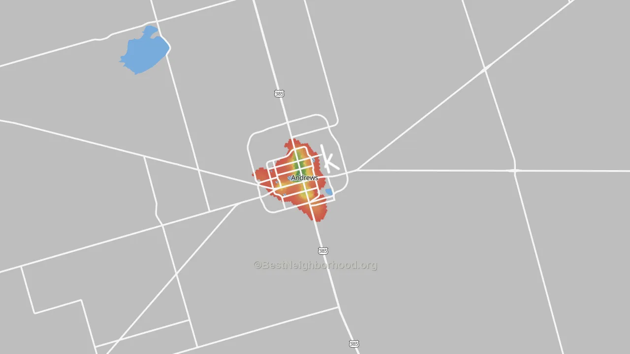 Walk Grade map of Andrews, TX, walkable areas in green and car-dependent areas in red