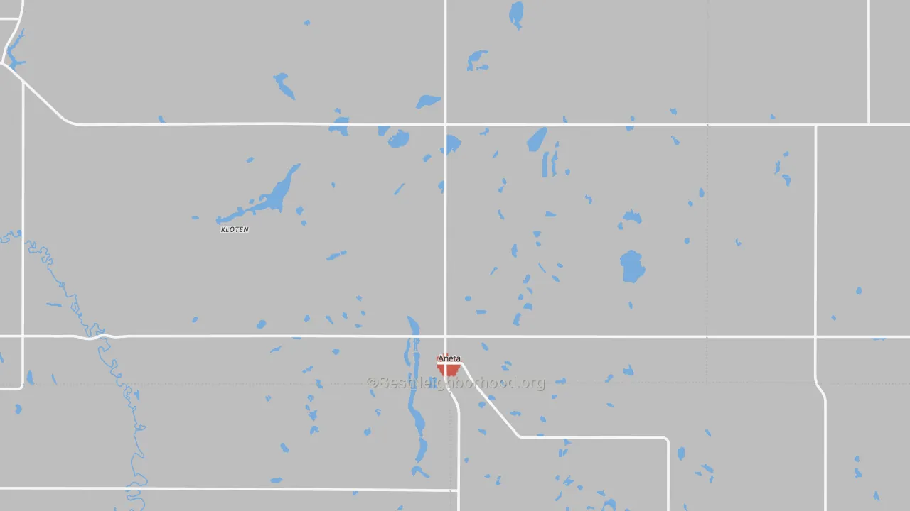 Walk Grade map of Aneta, ND, walkable areas in green and car-dependent areas in red