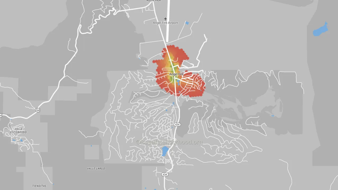 Walk Grade map of Angel Fire, NM, walkable areas in green and car-dependent areas in red
