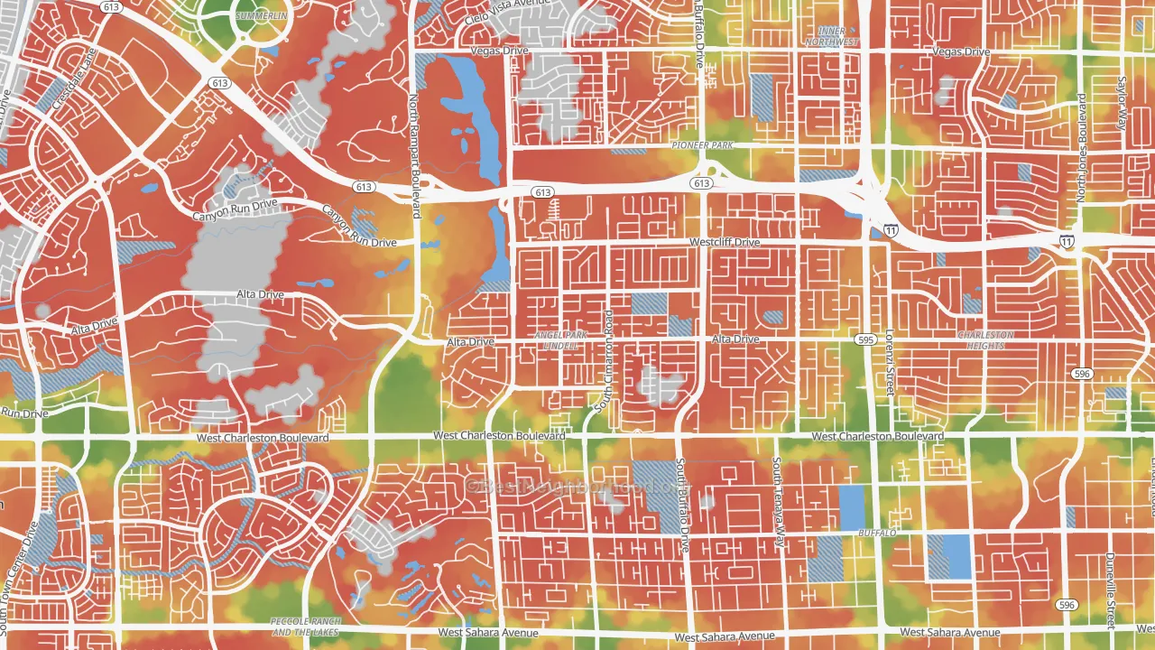 Walk Grade map of Angel Park Lindell, Las Vegas, NV, walkable areas in green and car-dependent areas in red