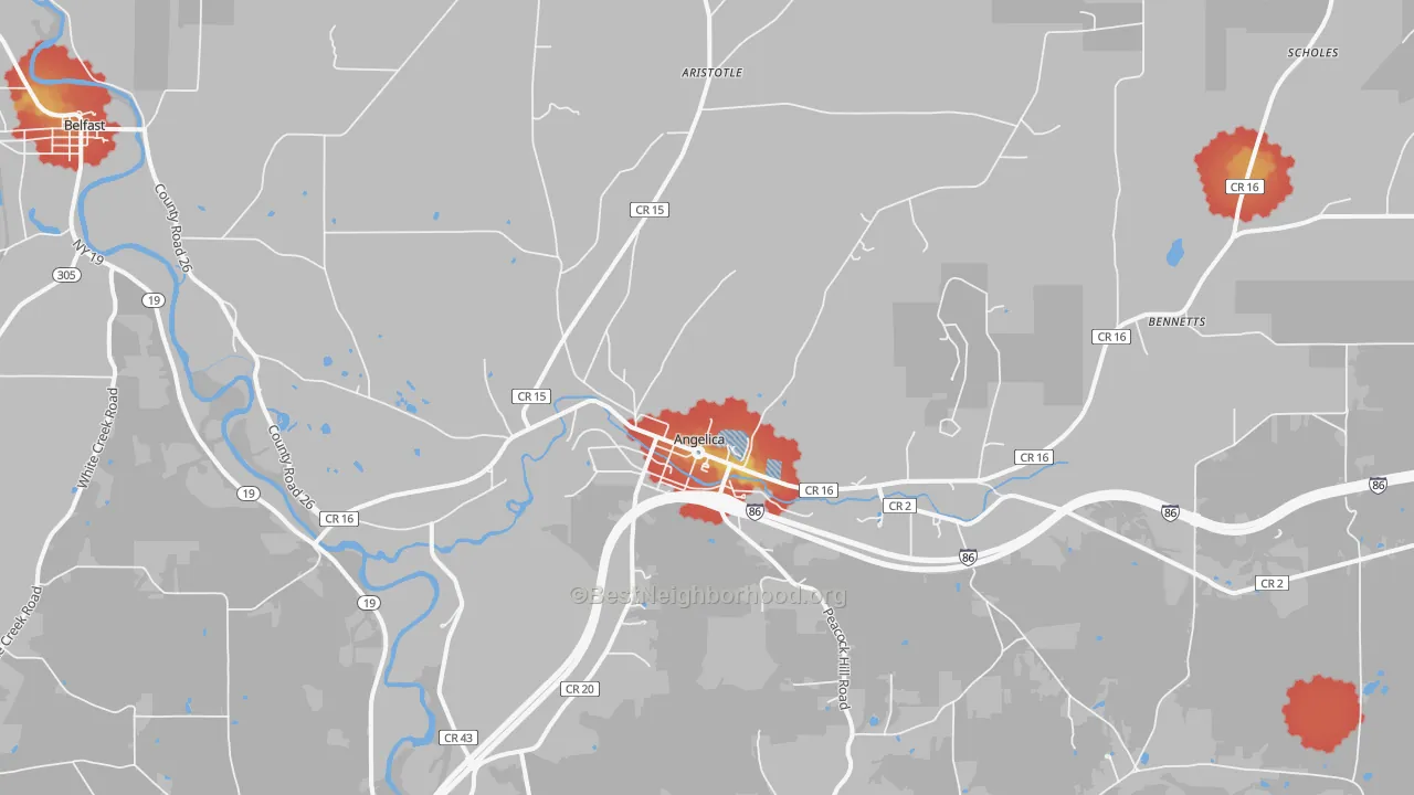 Walk Grade map of Angelica, NY, walkable areas in green and car-dependent areas in red