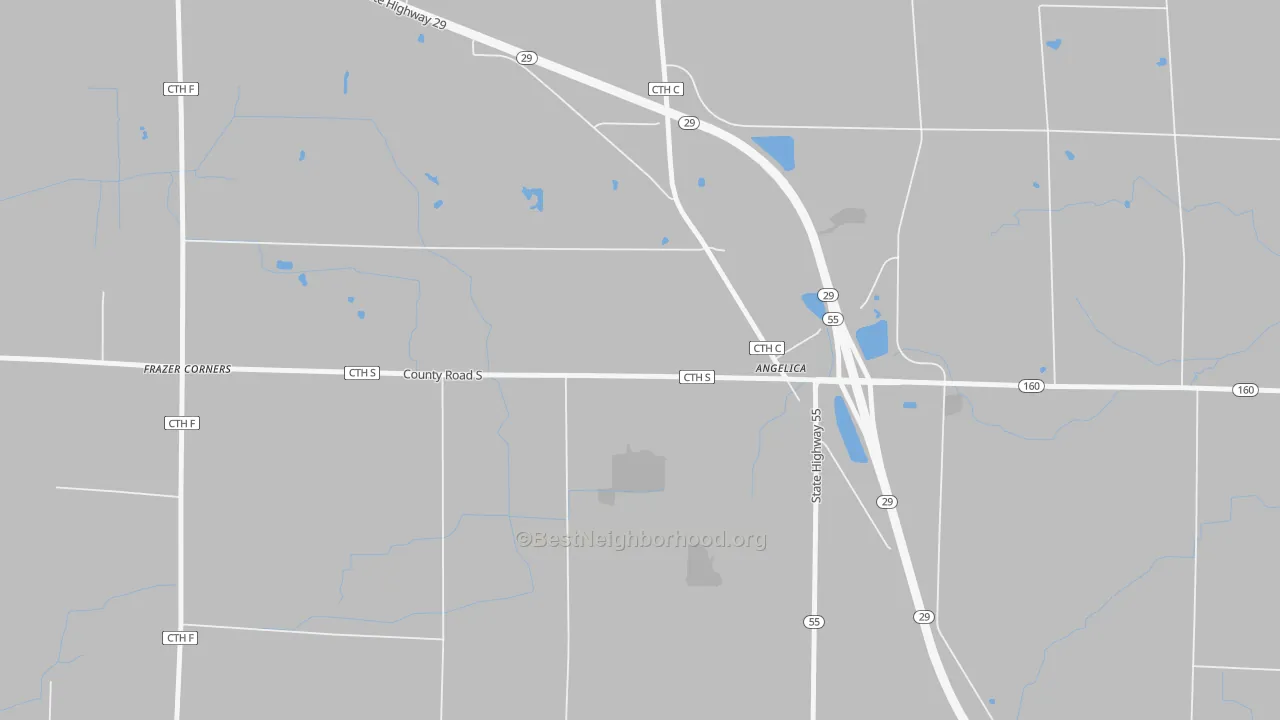 Walk Grade map of Angelica, WI, walkable areas in green and car-dependent areas in red