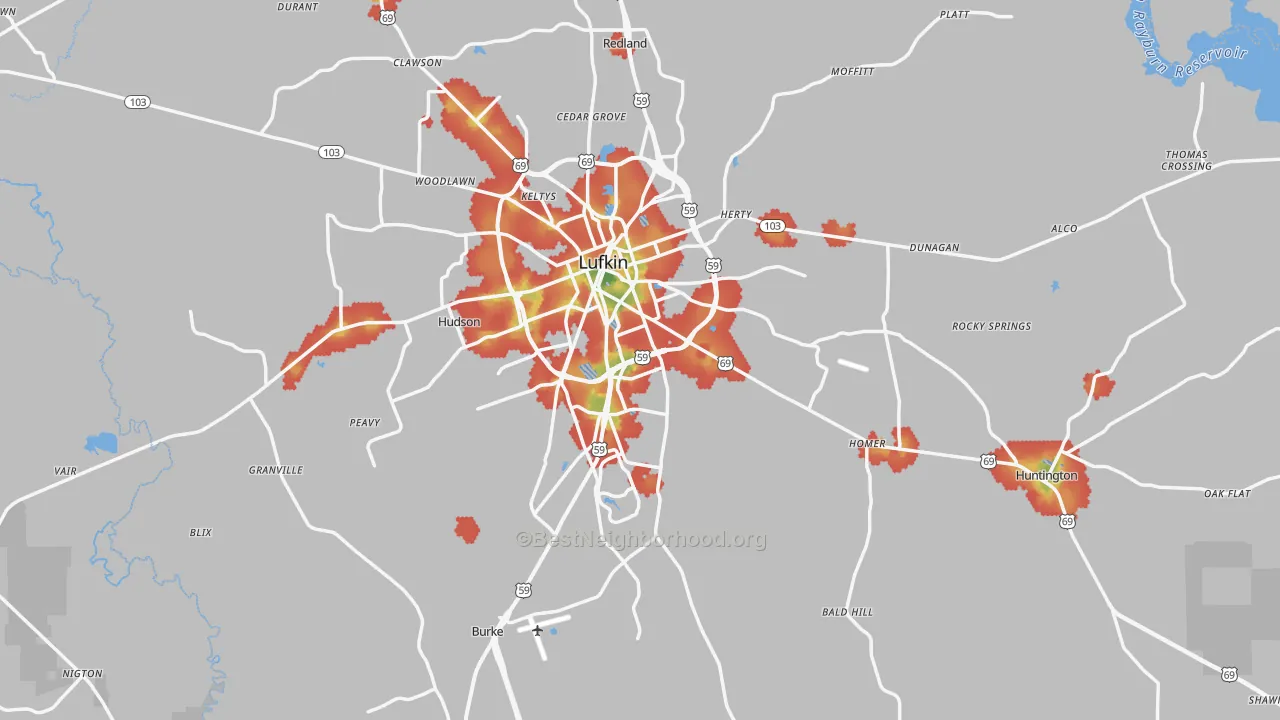 Walk Grade map of Angelina County, TX, walkable areas in green and car-dependent areas in red