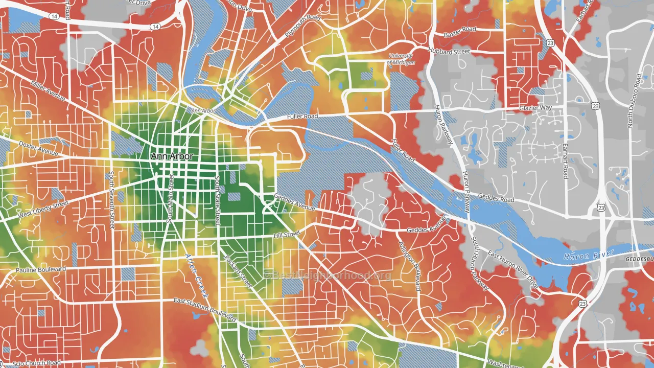 Walk Grade map of Angells, Ann Arbor, MI, walkable areas in green and car-dependent areas in red