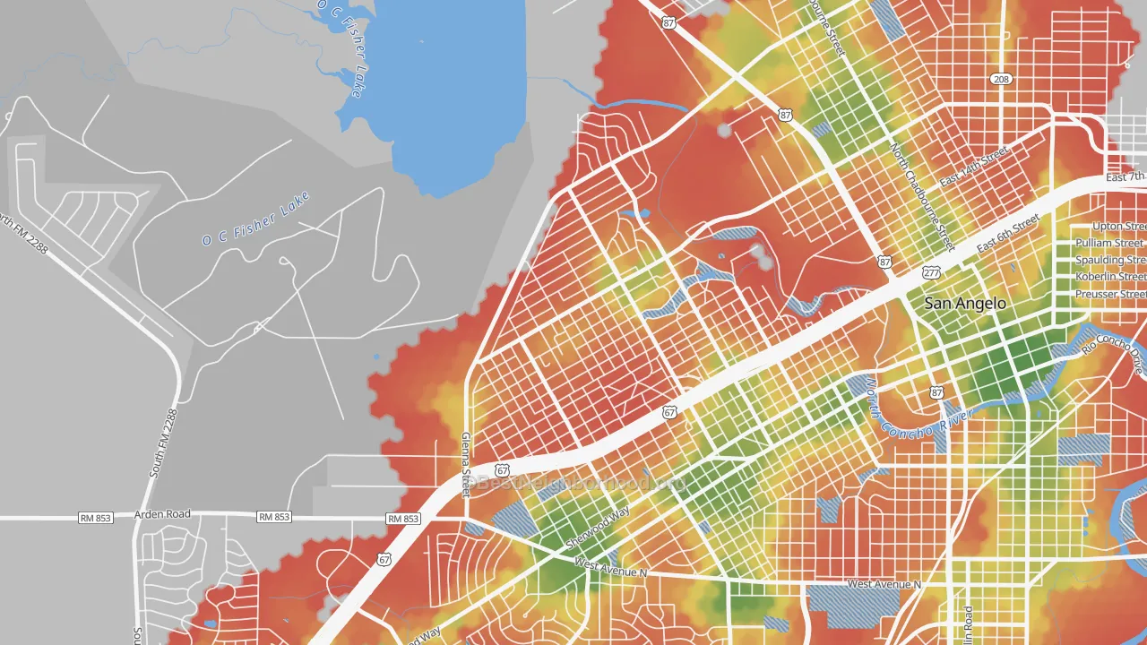 Walk Grade map of Angelo Heights, San Angelo, TX, walkable areas in green and car-dependent areas in red