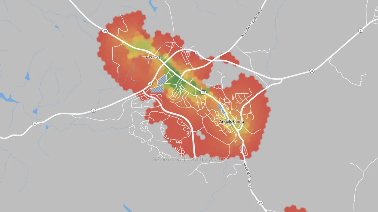 Walk Grade map of Angels, CA, walkable areas in green and car-dependent areas in red
