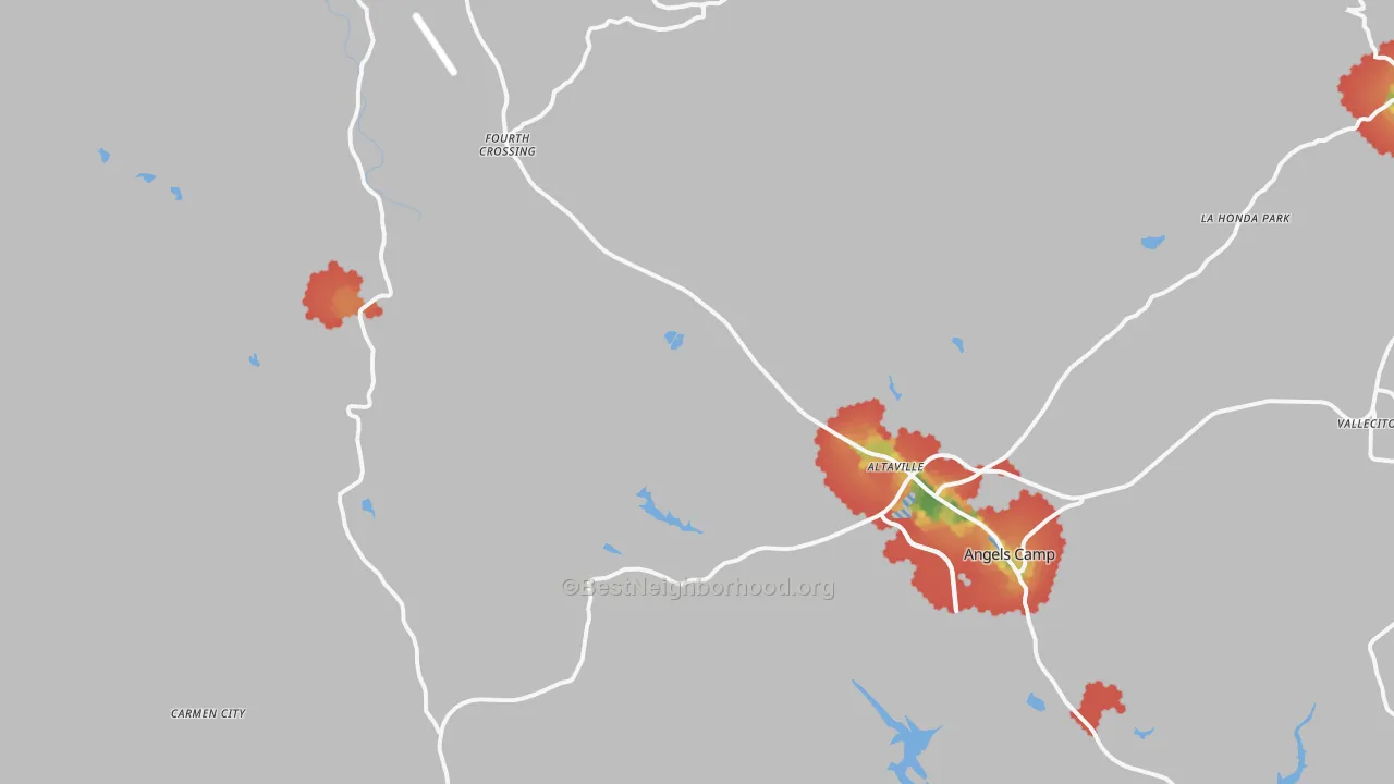 Walk Grade map of Angels Camp, CA, walkable areas in green and car-dependent areas in red