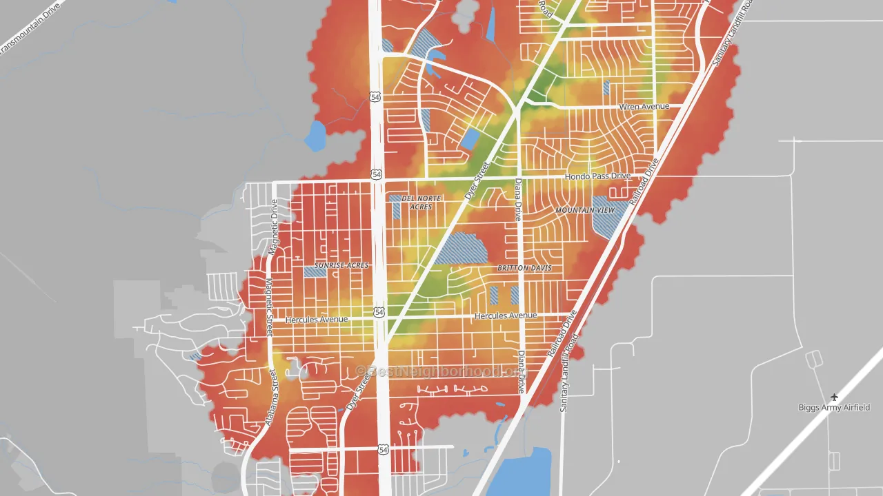 Walk Grade map of Angels Triangle, El Paso, TX, walkable areas in green and car-dependent areas in red