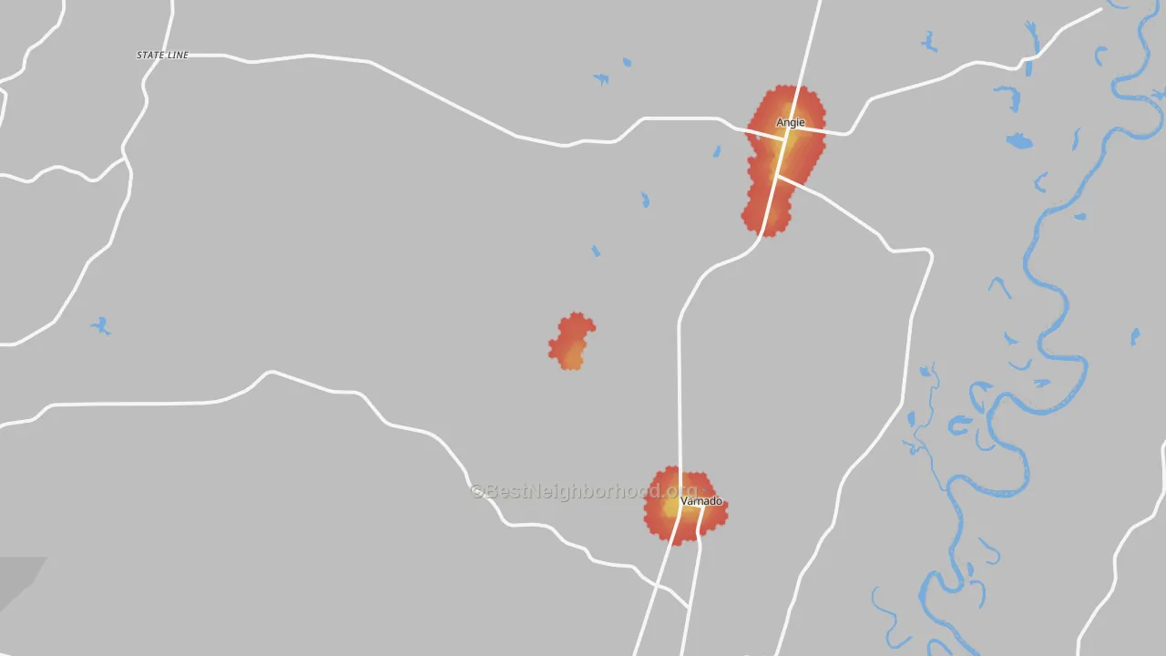 Walk Grade map of Angie, LA, walkable areas in green and car-dependent areas in red
