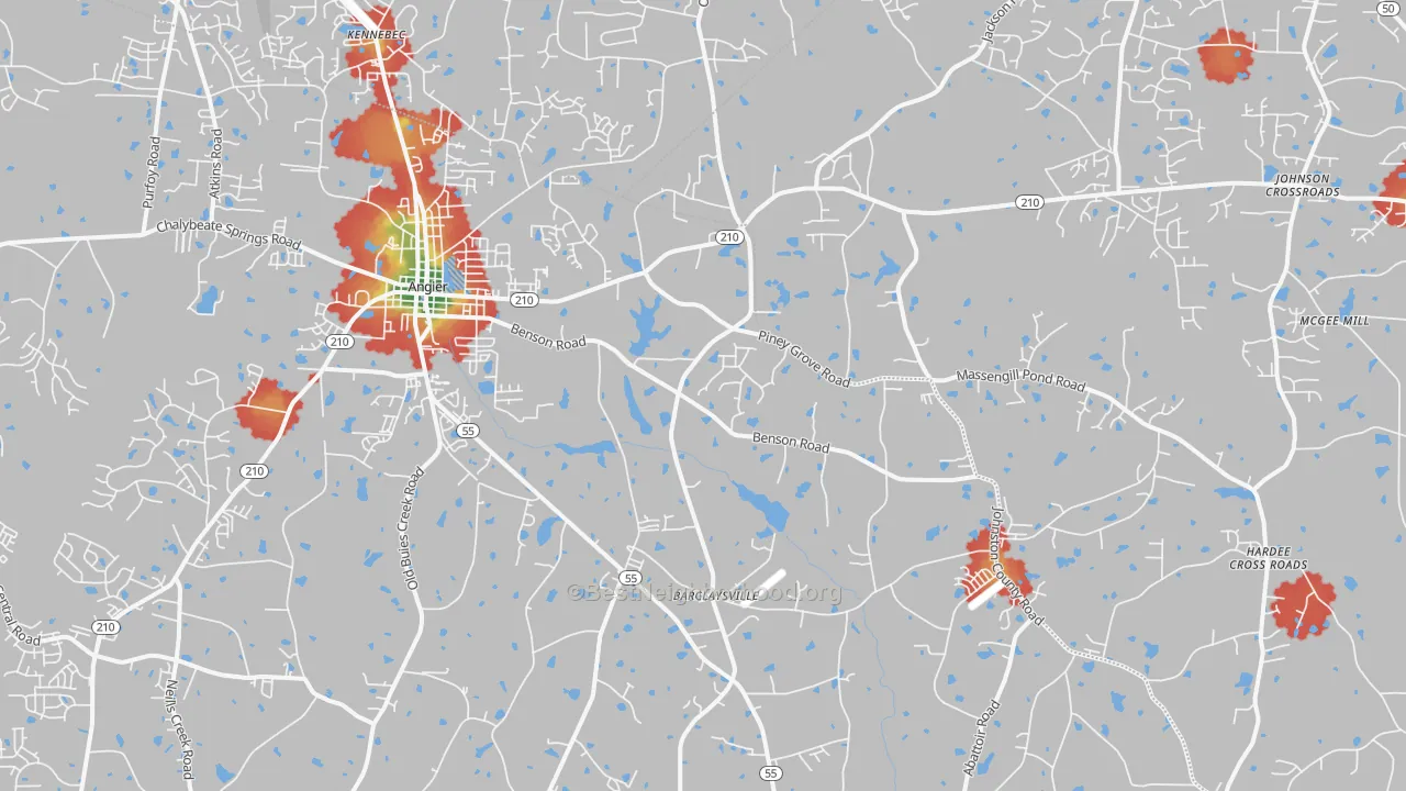 Walk Grade map of Angier, NC, walkable areas in green and car-dependent areas in red