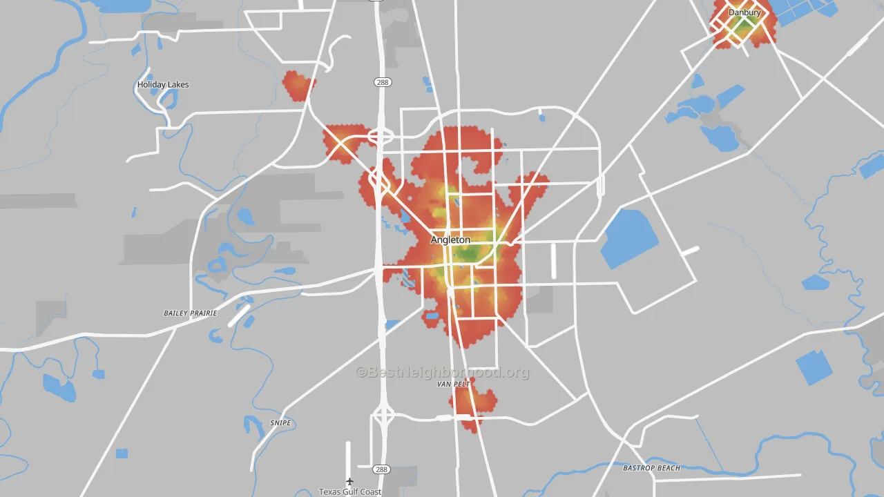 Walk Grade map of Angleton, TX, walkable areas in green and car-dependent areas in red