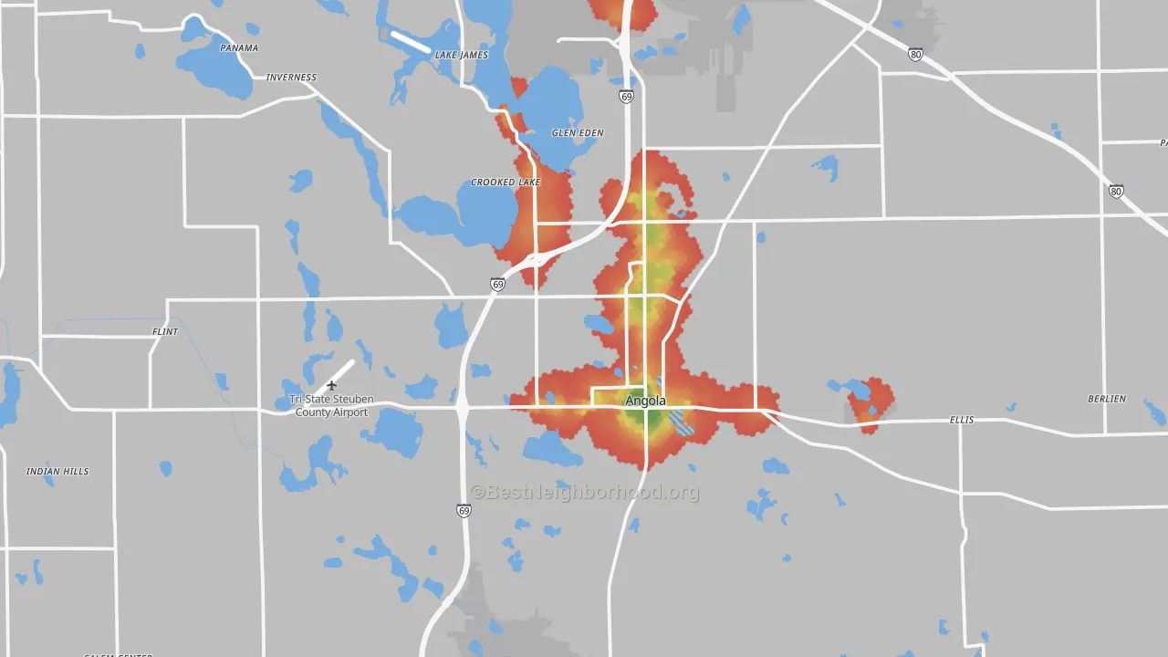 Walk Grade map of Angola, IN, walkable areas in green and car-dependent areas in red