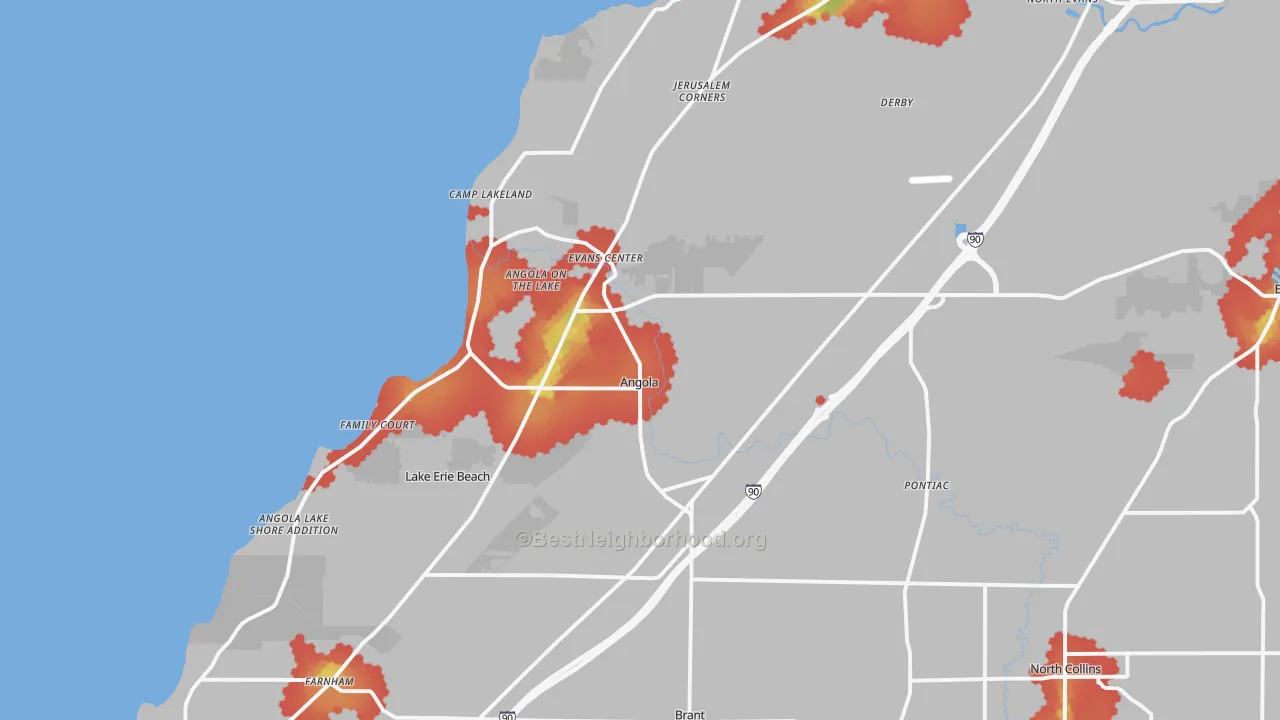 Walk Grade map of Angola, NY, walkable areas in green and car-dependent areas in red