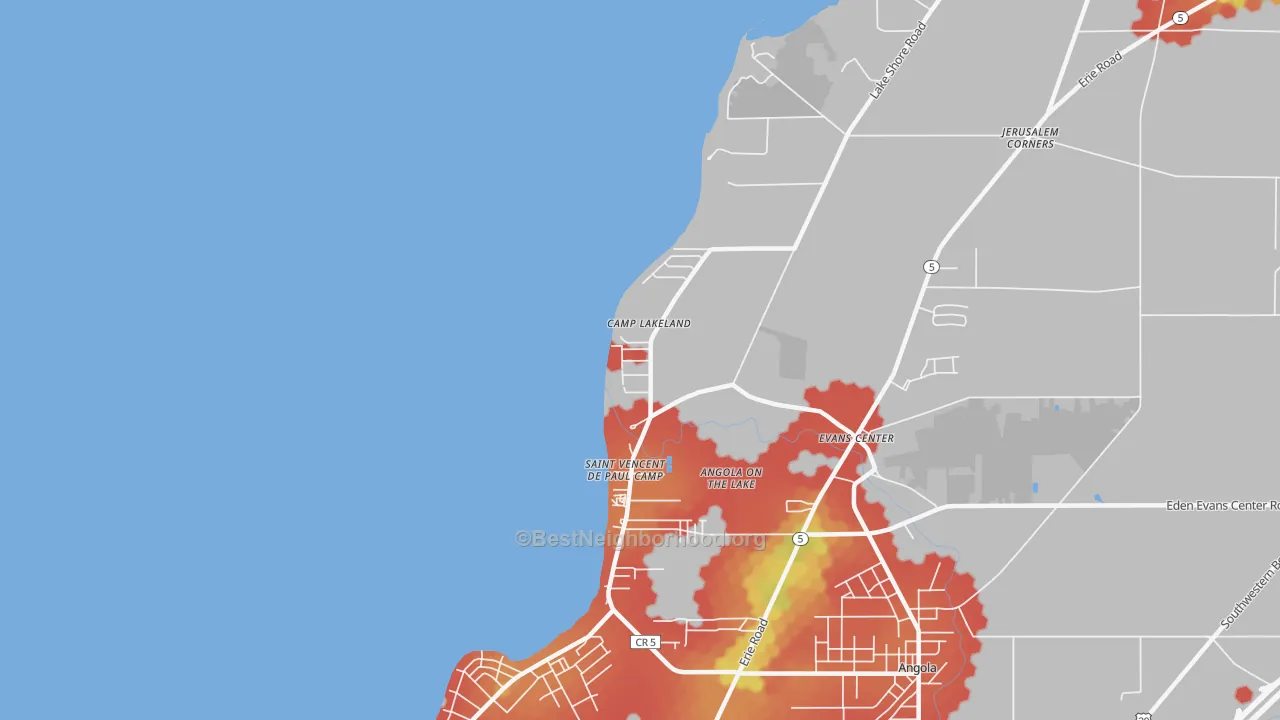 Walk Grade map of Angola on the Lake, NY, walkable areas in green and car-dependent areas in red